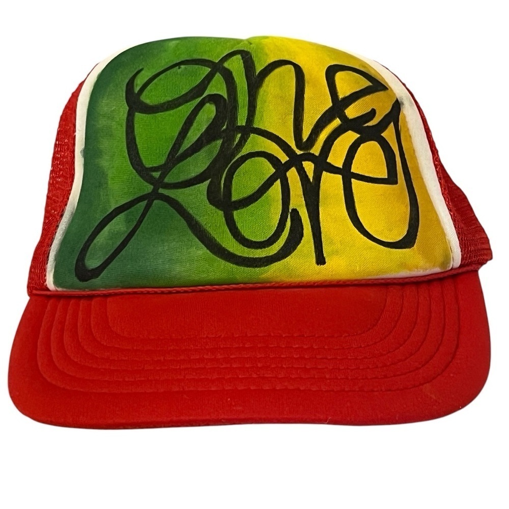 Vibrant Red and Green "One Love" Adjustable SnapBack Art Cap